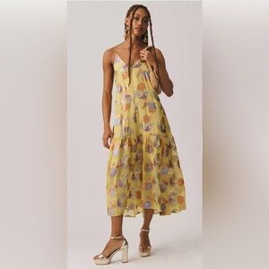 Delfi Collective Silk Shimmer Floral Drop Waist Midi Dress Yellow Medium